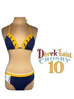 10 Crosby Derek Lam blue gold white retro color block bikini lace up Size M